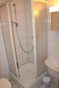 a bathroom with a shower and a toilet and a sink at Pension Dräger in Mühl Rosin