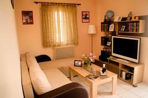 sala de estar con sofá y TV en Amalias Place, en Mitikas