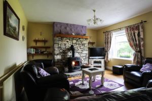 a living room with a couch and a stone fireplace at Green Meadow Farm Holiday Homes in Wicklow