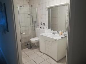 a bathroom with a sink and a shower and a toilet at Zur Sternschnuppe in Borken