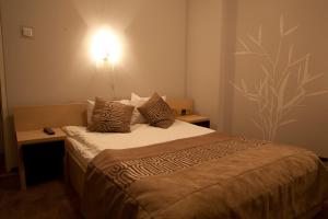 a bedroom with a bed with a light on the wall at Hotel Dodo in Biłgoraj