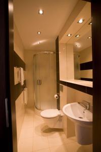 a bathroom with a shower and a toilet and a sink at Hotel Dodo in Biłgoraj