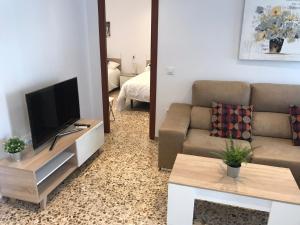 a living room with a couch and a television at Casa patio ribera de córdoba in Córdoba