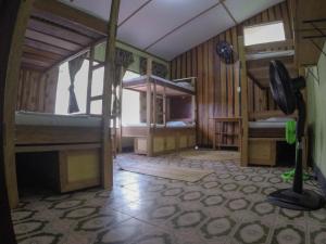 Hostel Casa de las Palmas Tours في ليتيسيا: غرفة بسريرين بطابقين ومروحة
