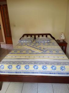 a blue and white bed with two pillows on it at Holidays in Martinique - Ravenala in Sainte-Anne