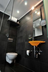 uma casa de banho com um WC, um lavatório e um espelho. em Auberge Aal Veinen em Vianden