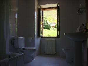 a bathroom with a toilet and a sink and a window at Hotel Rural Genestoso in Genestoso