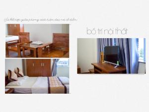 een hotelkamer met een bed, een bureau en een televisie bij Hotel Nguyên Phước in Pleiku
