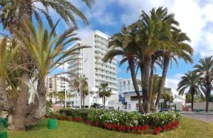 un parque con palmeras y flores frente a un edificio en Hotel Alay - Adults Only Recommended, en Benalmádena