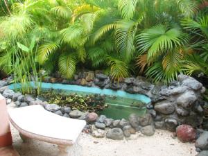 a small pond in a garden with a white bench at Beautifull Casa Pastor in Sámara