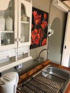 a kitchen with a sink and a sinkiterator at Staandakkie Guest Cottage in Bredasdorp