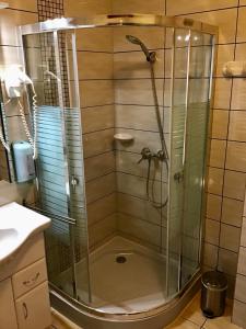 a shower with a glass door in a bathroom at Hotel Kentaur in Siófok