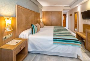a hotel room with a large bed and a television at Hotel Balcón de Europa in Nerja
