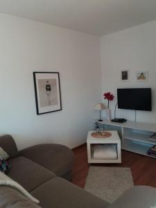 ein Wohnzimmer mit einem Sofa und einem TV in der Unterkunft Ferienhaus Richard in Husum