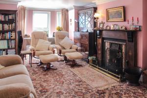 a living room with chairs and a fireplace at Ballyhargan Farm House in Dungiven