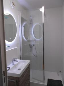 een badkamer met een douche en een wastafel bij Cabourg Mathilde in Cabourg