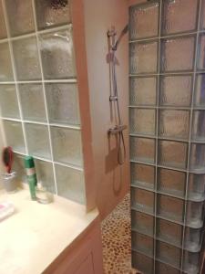 um chuveiro com bloqueios de vidro na casa de banho em Villa Maria em Somone