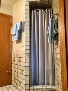 a shower with a blue shower curtain and towels at Kin House Guest Suite in Oakhurst