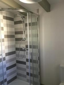 eine Dusche mit Glastür im Bad in der Unterkunft Maison de bourg avec cour privée in Tallende