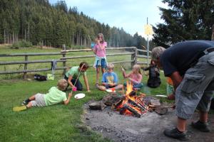 a group of children sitting around a fire at Naturpark Bauernhof Sperl in Mariahof