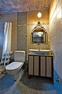 a bathroom with a toilet and a sink and a mirror at Kato Machalas in Dikorfo