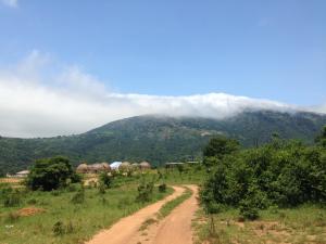 a dirt road in a field with a mountain at Swazi Dreams. (Nqabaneni Eco-Volunteering.) in Usutu
