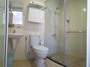 ein Bad mit einem WC, einem Waschbecken und einer Dusche in der Unterkunft Galaxy Hotel in Quy Nhon
