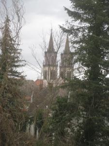 un edificio con dos torres es visto a través de los árboles en Ferienwohnung mit Aegidienblick en Oschatz