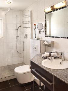 ein Badezimmer mit Waschbecken, Toilette und Dusche in der Unterkunft Fellhornhaus Ferienwohnungen in Oberstdorf