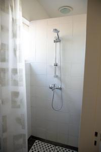 a shower with a shower head in a bathroom at Beej Potters in Weert