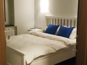 - une chambre avec un lit blanc et des oreillers bleus dans l'établissement PM Apartament, à Szklarska Poręba