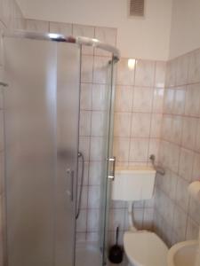 uma casa de banho com um chuveiro, um WC e um lavatório. em Ostoja em Polańczyk