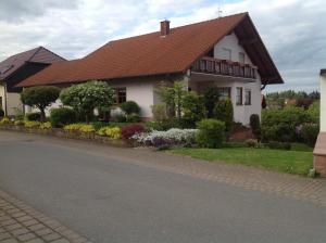 a white house with a brown roof on a street at Ruhige Ferienwohnung in Schollbrunn