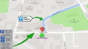 a map of a free parking area with a red marker at The Secret Garden in Newark upon Trent