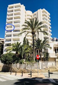 a building with palm trees in front of a street at Holiday Apartment 5 min to Levante beach in Benidorm
