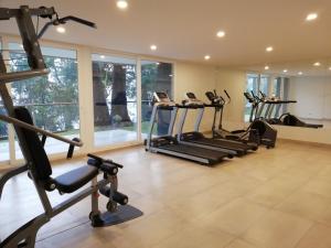 une salle de sport avec plusieurs tapis de course et machines elliptiques dans l'établissement EDIFICIO ALTA VISTA PUCON, à Pucón