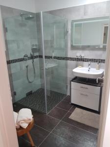 コトブスにある2 Raum Gartenwohnung am Spreewaldradweg in Cottbusのシャワーと洗面台付きのバスルーム +11枚の写真