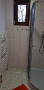 a bathroom with a shower and a window at Osada nad Potokiem in Szczyrk +54 photos