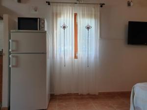 eine Küche mit einem Kühlschrank und ein Fenster mit einer Mikrowelle in der Unterkunft Tranquilidad y naturaleza a 800m Playa Migjorn in Playa Migjorn