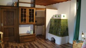 a room with a kitchen with a green object on the wall at Stadl Suite in Sankt Margarethen im Lavanttal