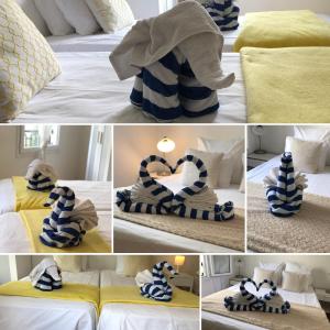 a collage of pictures of a bed with towels and a dog bed at Dream Apartments in Serris
