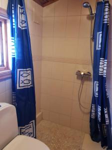 a bathroom with a shower with a blue shower curtain at Nedre Strand Hytteutleie in Vradal
