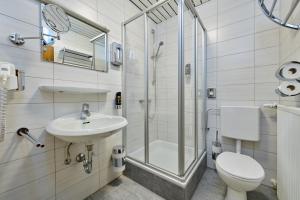 a bathroom with a shower and a toilet and a sink at Hotel Giamas in Straubing