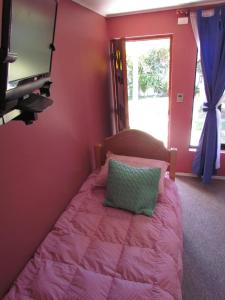 康康Hostal Blanca Estela的一间卧室配有一张带枕头的床和一台电视