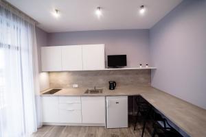 a kitchen with white cabinets and a counter top at Університетська вулиця Апартам in Uzhhorod