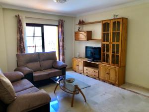 a living room with a couch and a tv at Apartamento Las Tejas Mogán in Mogán