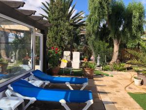 a patio with two blue chairs and a yard at Loft Armony in Villaverde