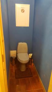 a bathroom with a white toilet in a blue wall at Adart Apartment in Narva
