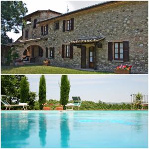 una antigua casa de piedra y una piscina en Villa Palazzo Bello con piscina e AC - Cetona en Cetona