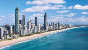 an aerial view of a beach and a city at Theme Park Getaway in Gold Coast